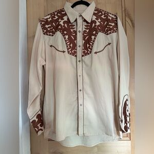 Scully Western Pearl Snap Cream Shirt with Brown Accents